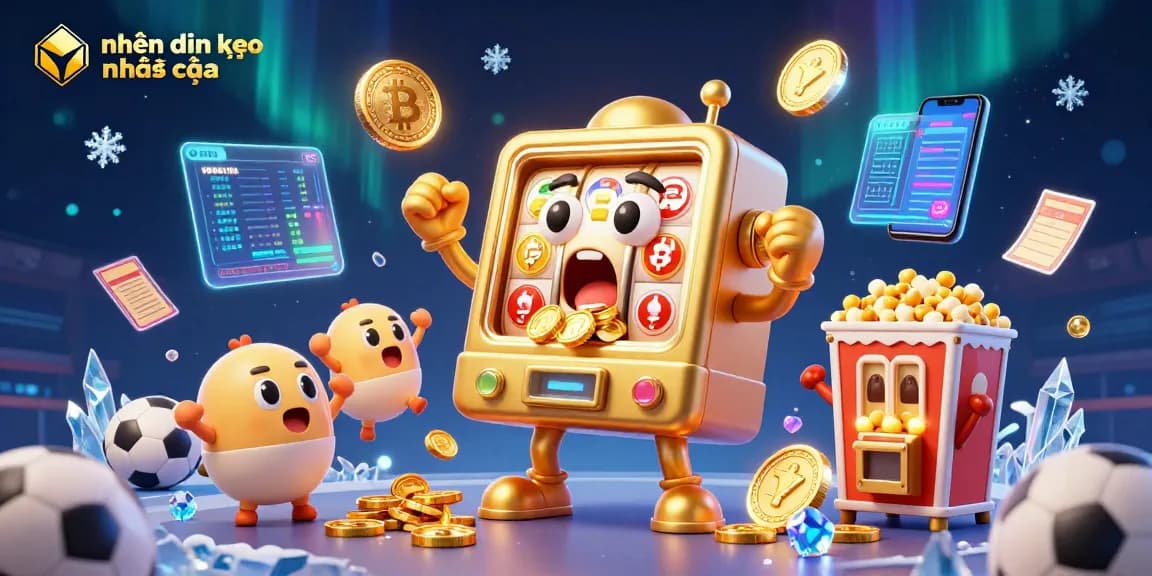 Engage in thrilling nhận định kèo nhà cái with a lively 3D sports betting scene showcasing animated slot machines.