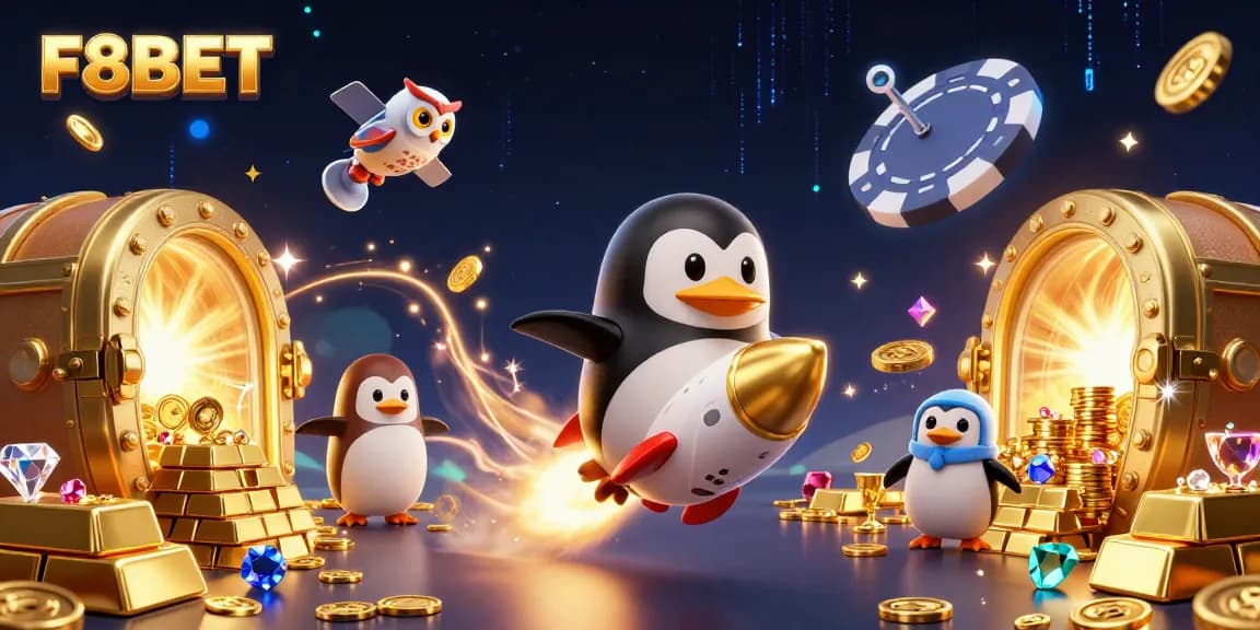 Win big with F8BET at the exciting cosmic casino, featuring a golden penguin and treasures!