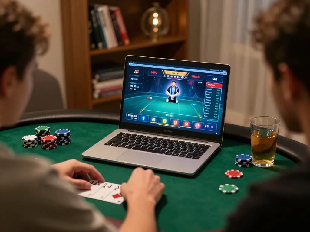 Player engaging in an intense poker game on their laptop, showcasing the exciting 88aa1 online gambling experience.