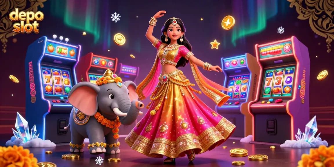 Experience the thrill of depo slot with bright facets of colorful arcade games and slot elements in this vibrant digital art.