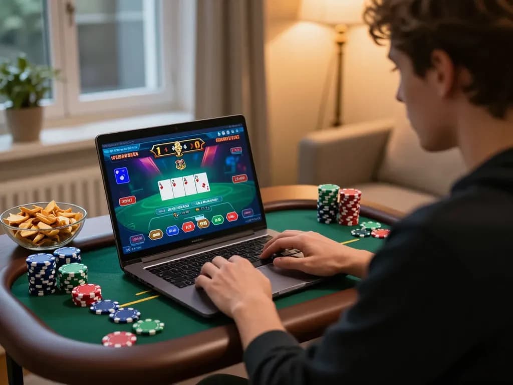 Engaged player strategizing at online casinos in Canada, showcasing vibrant poker game.
