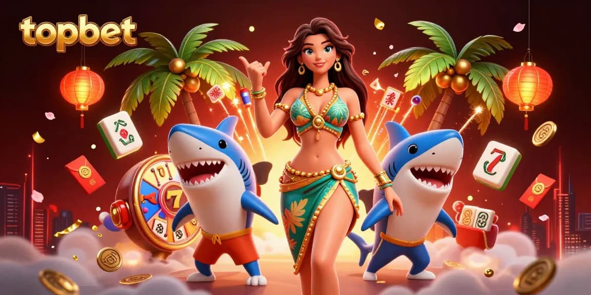 Experience topbet's vibrant casino scene with a glamorous beach goddess and a surfer shark.