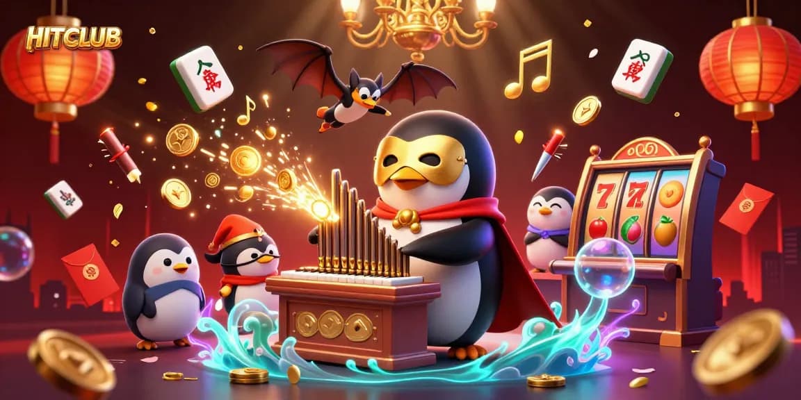 Experience HITCLUB's vibrant casino world with animated characters, slot reels, and glowing symbols.