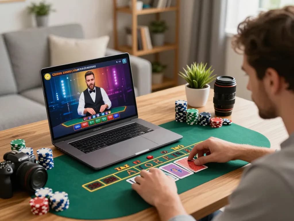 Luck8 player placing bets during engaging live dealer game session online, capturing the excitement of home gaming.