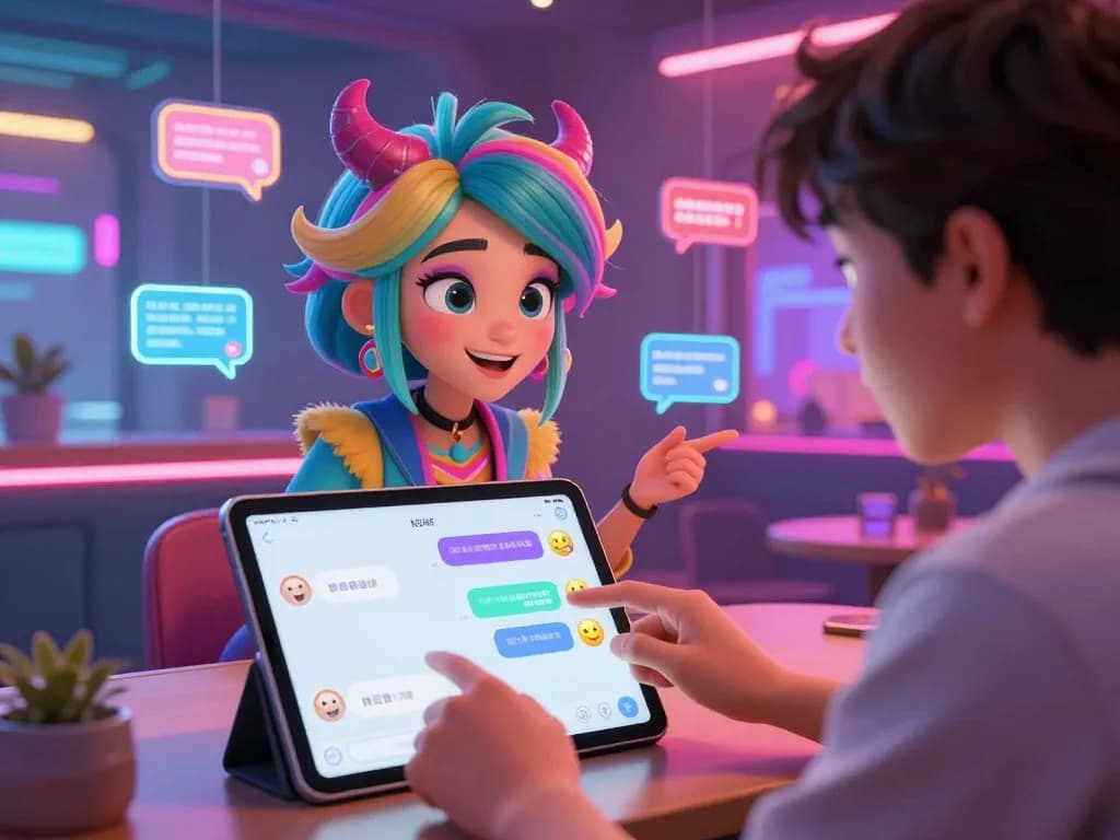 Engaging NSFW chat with animated AI character and user in vibrant digital lounge.