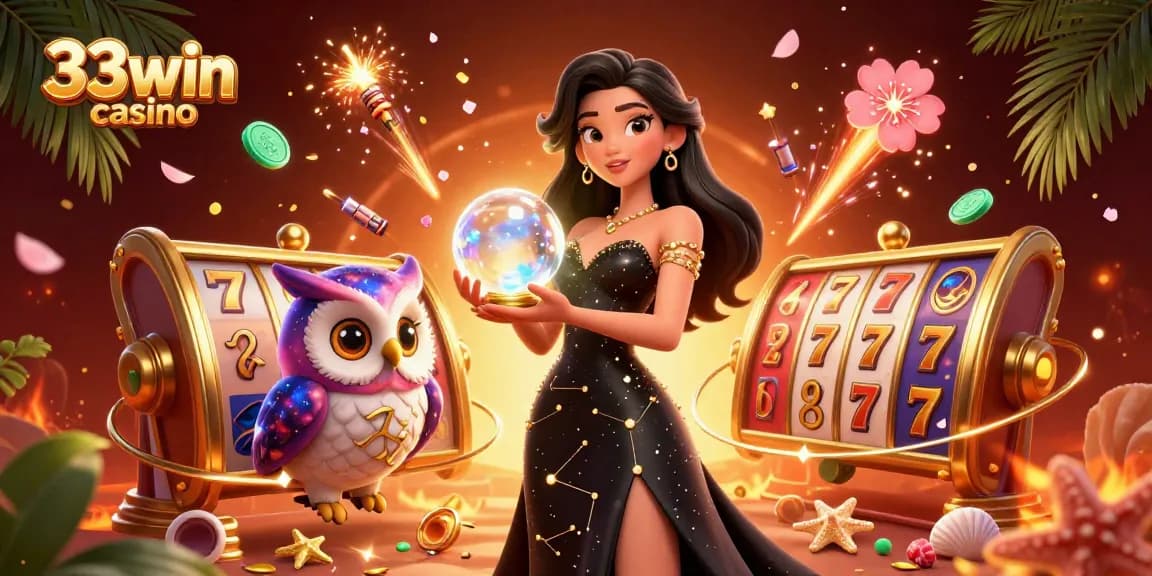 Experience thrilling games at 33win casino with a magical atmosphere featuring a glowing crystal ball and casino elements.