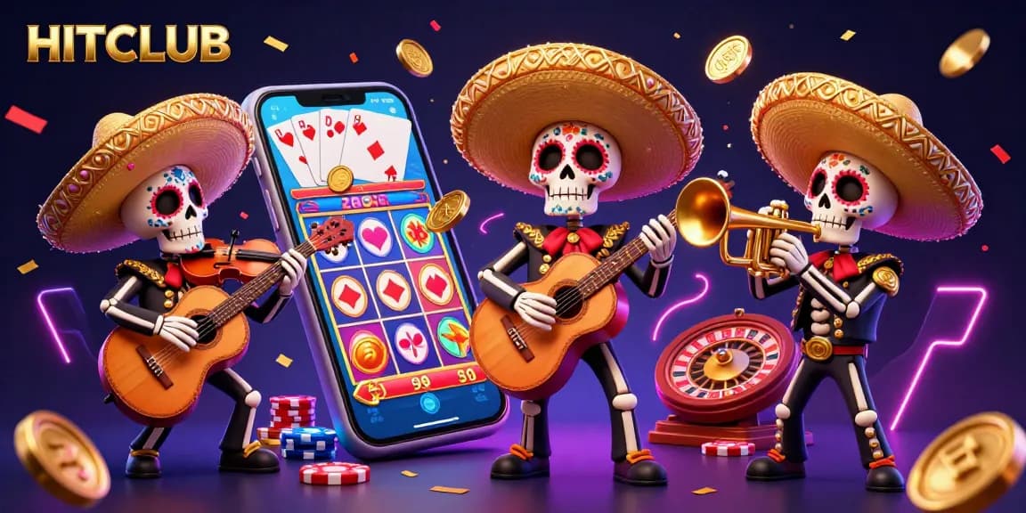 Engage in the vibrant HITCLUB gaming experience with our lively 3D illustration showcasing a mariachi band amidst thrilling casino activities.