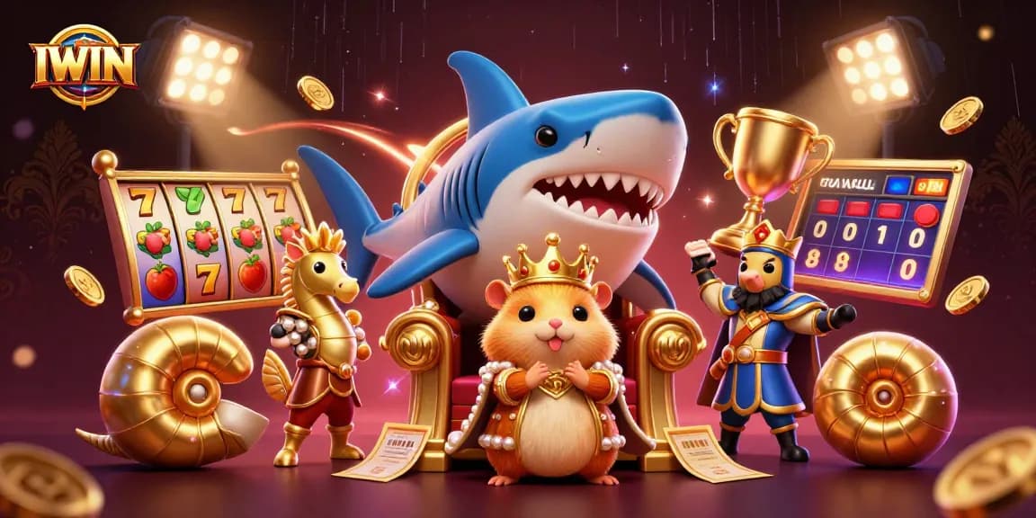IWIN challenges players in an exciting casino throne scene with slot reels and festive royalty.