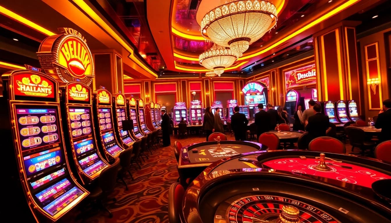 Dynamic gaming experience at 68VIP.COM showcasing vibrant slot machines and poker tables.