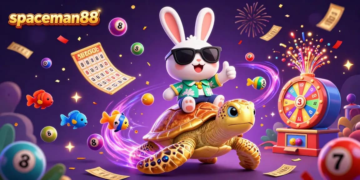 spaceman88 showcases a vibrant 3D casino scene with lottery elements and cheerful characters