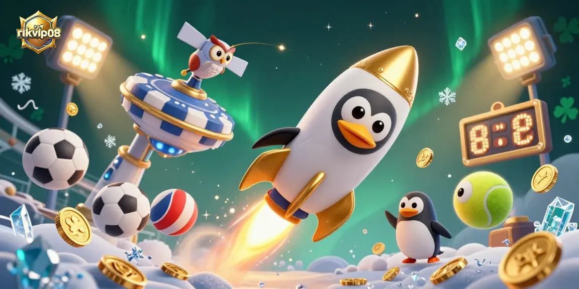 Join the action with rikvip08 as the golden penguin flies to the casino, surrounded by sports balls and treasures.