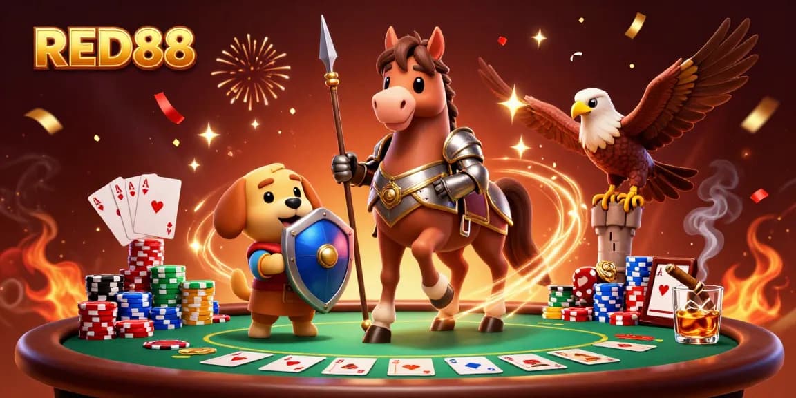 Join the excitement of RED88 as a medieval knight, squire, and falcon engage in a thrilling poker game.