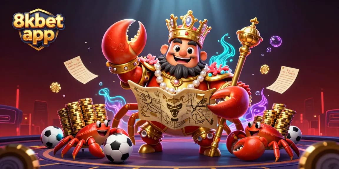 Experience the excitement of sports betting with the dynamic 8xbet app featuring a golden crab emperor and vibrant game elements.