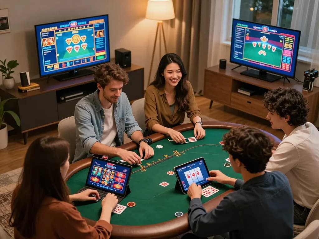 Players enjoy poker and slots on laptops at home, emphasizing the exciting hitclub gaming experience.