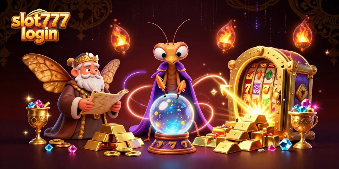 Slot777 login menawarkan gambar dinamis karakter penghibur dalam ilustrasi kasino yang penuh warna.