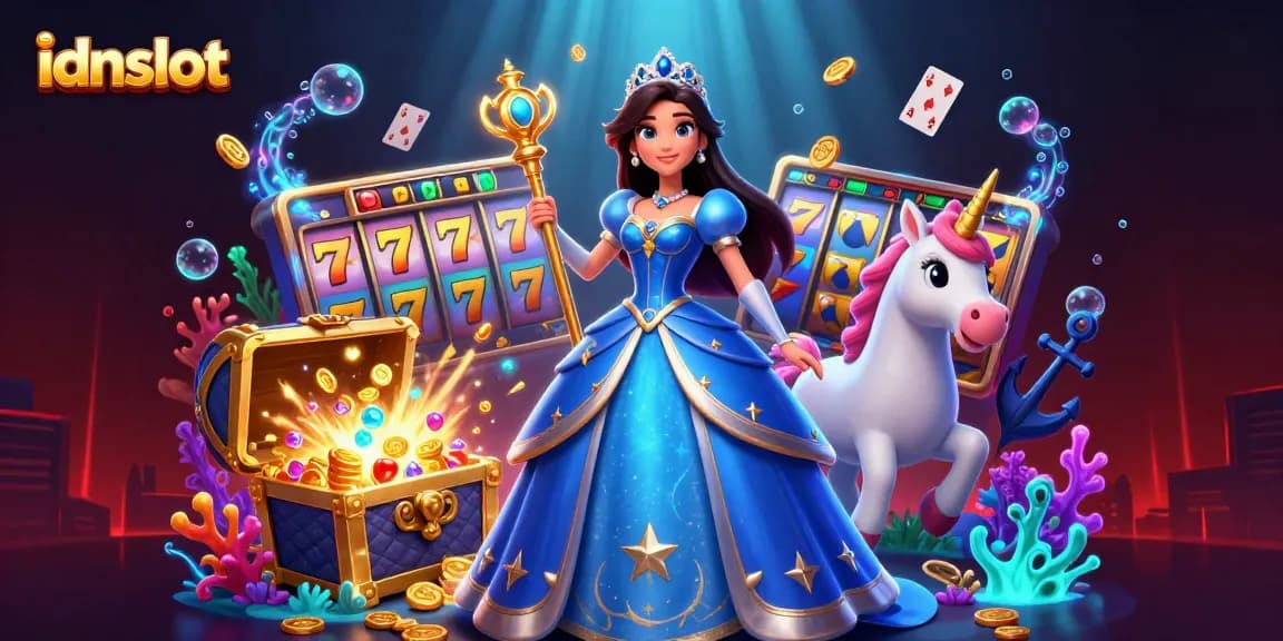 Spin slots and win with idnslot, showcasing vibrant slot reels and captivating characters.