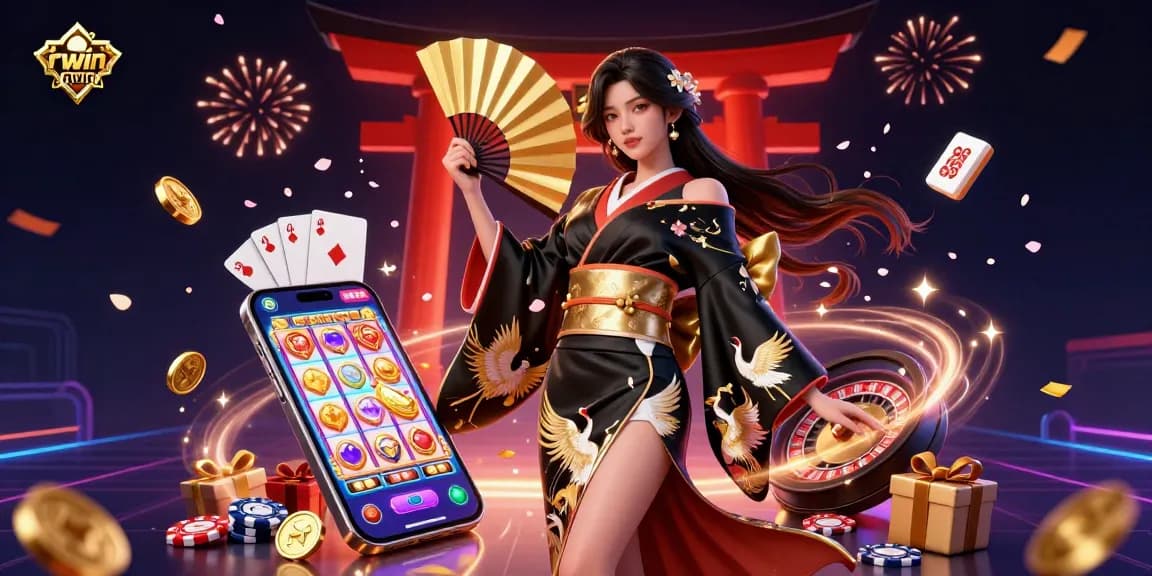Experience rwin casino excitement with an elegant woman in a kimono amidst vibrant gaming elements.