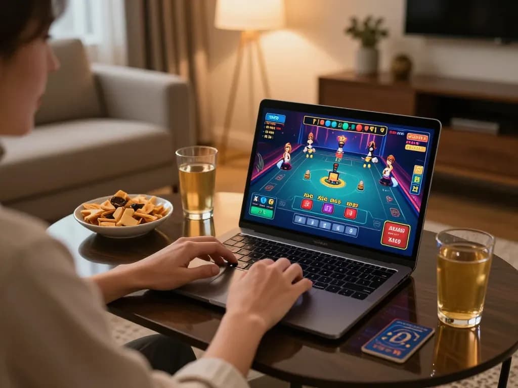 Xóc đĩa online gameplay on a laptop with cozy home setup, showcasing vibrant graphics and engaging atmosphere.