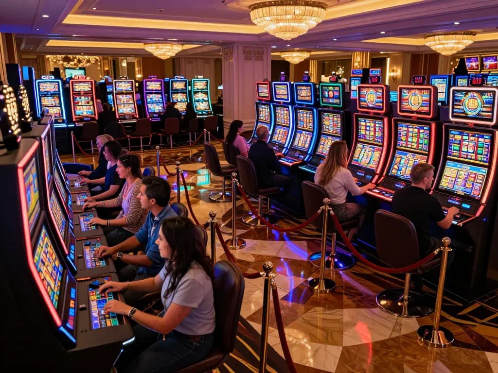 Engaged players enjoying colorful slot machines while checking for หนังใหม่ชนโรง at the casino floor