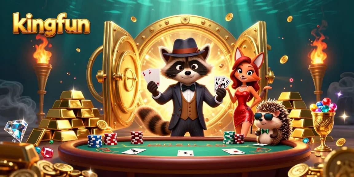 Engage in an exciting poker game with kingfun's suave raccoon character holding a royal flush.