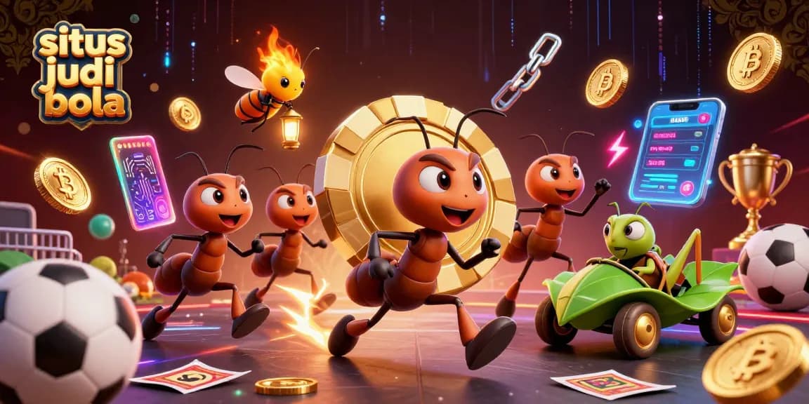 Bet big with situs judi bola as ants heist golden poker chip amidst vibrant gambling elements.