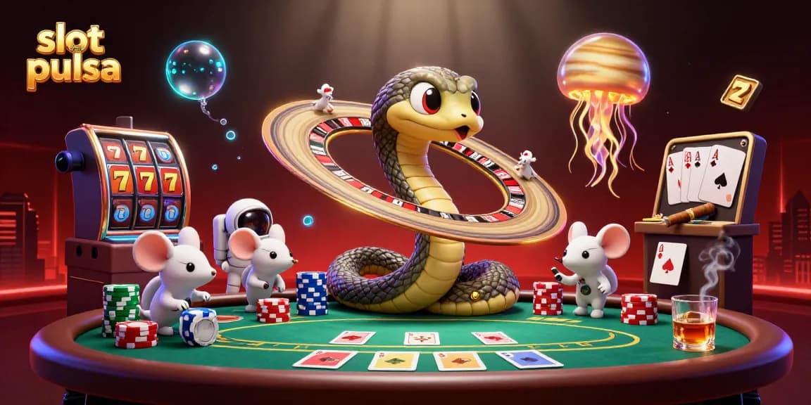 Slot pulsa untuk taruhan seru dengan simbol dan elemen permainan kasino menarik.