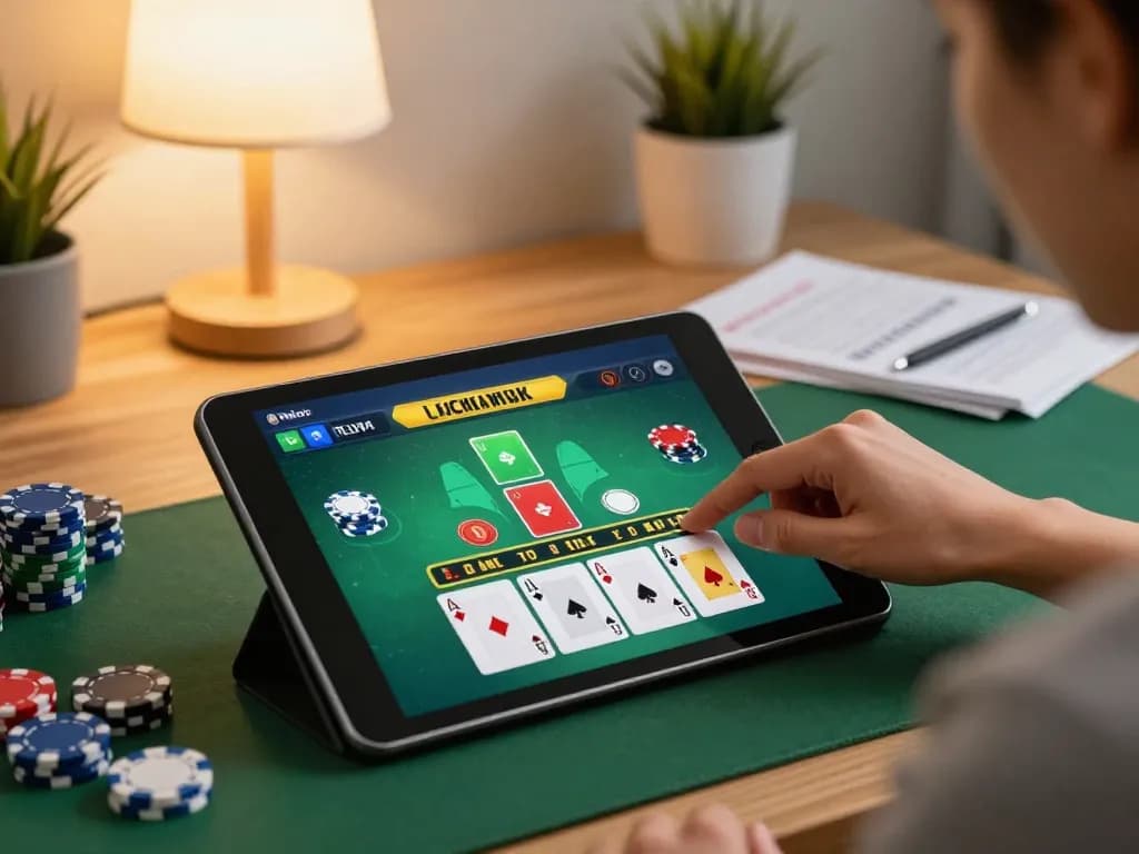 Player engaging with lc88 blackjack interface on tablet in cozy home setting.