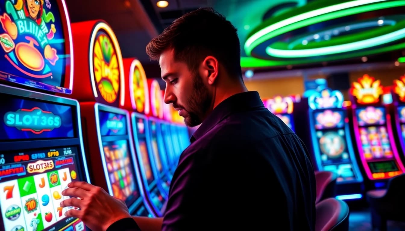 Menggunakan SLOT365 LINK ALTERNATIF pada mesin slot dengan suasana kasino yang cerah.