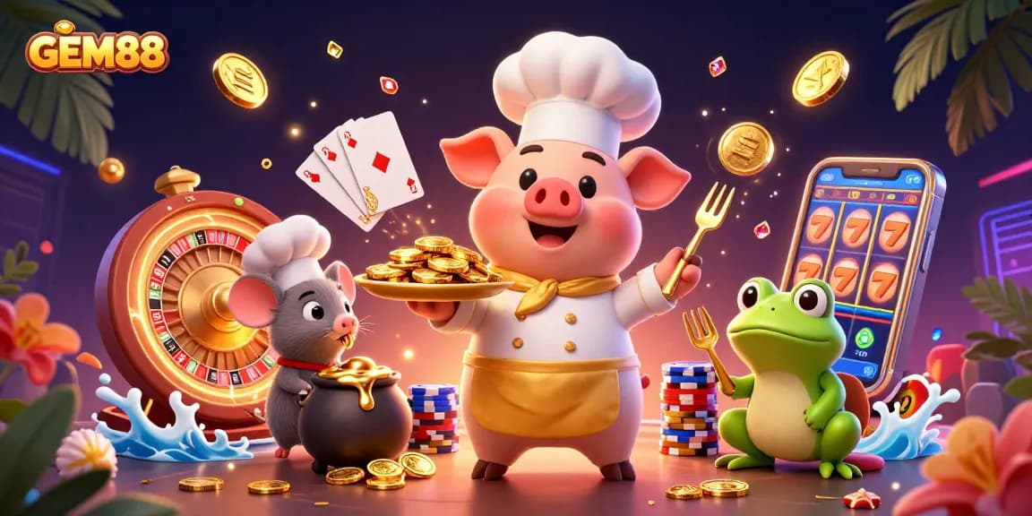 Engage with GEM88's thrilling slots and jackpot games, featuring dynamic casino elements and vivid characters.