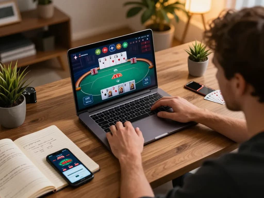 ATQ online player analyzing poker strategies while gaming on a laptop.