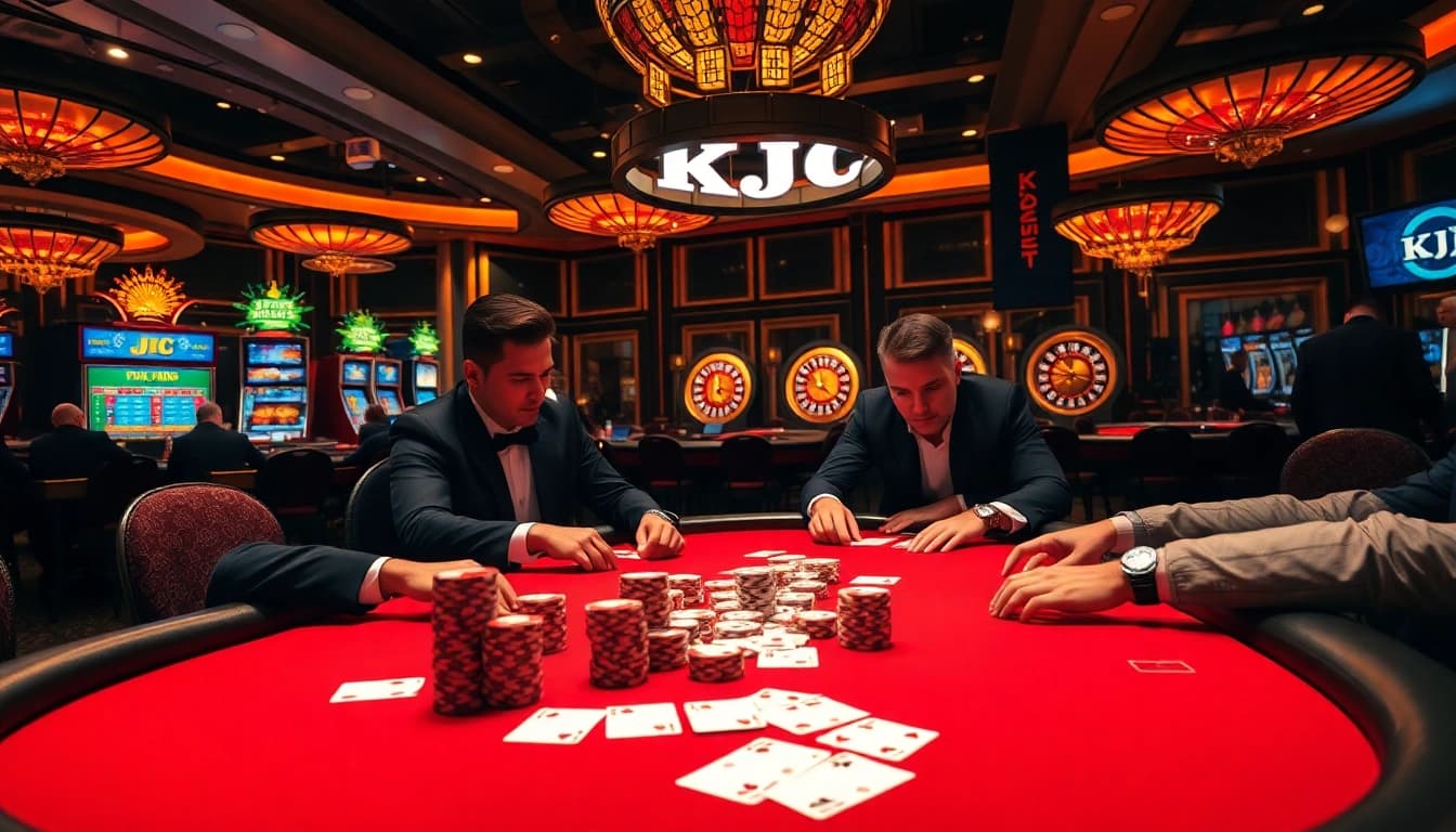 KJC poker players strategizing at a luxury casino table with chips and cards.