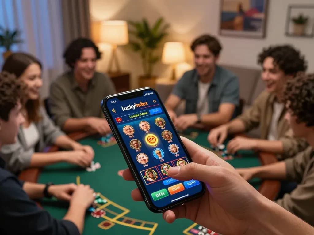 Players engaging with the luckyindex app for strategic online gambling, showcasing a lively home gaming setup.