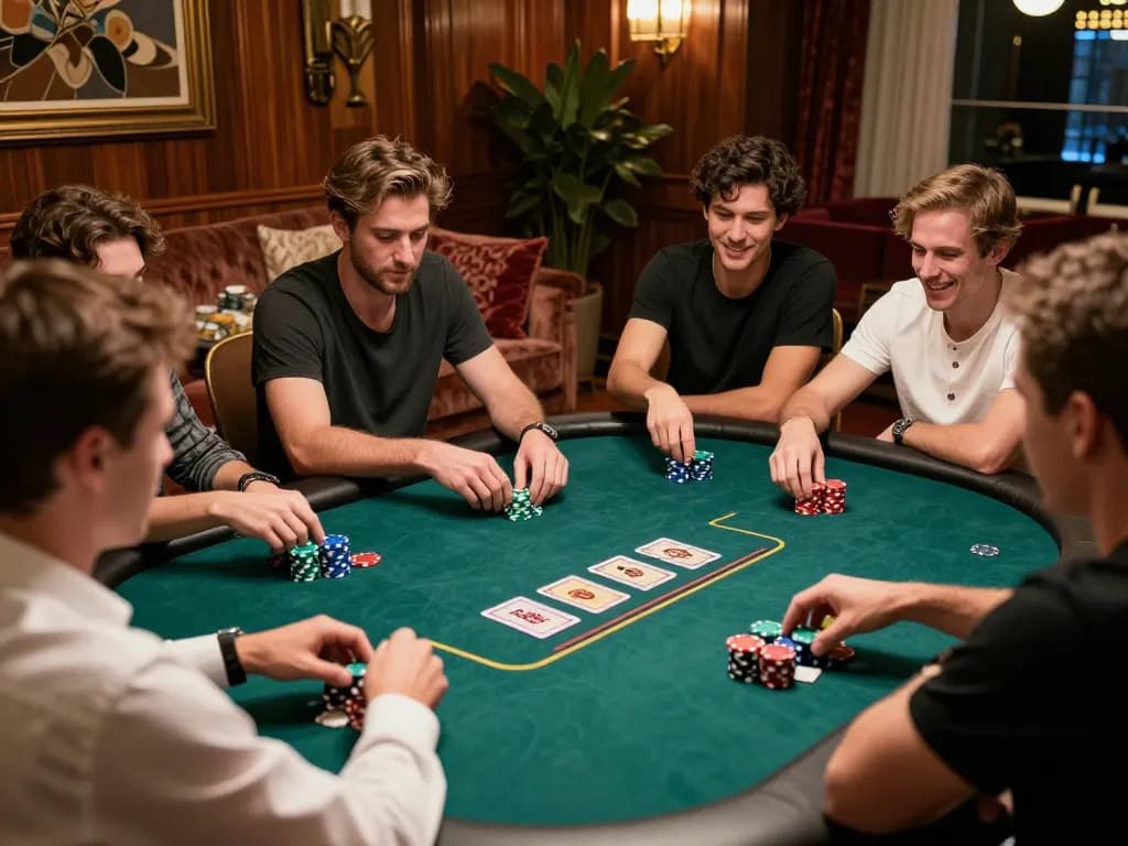 Players engage in a high-stakes Texas Hold'em game at a luxury poker table, showcasing HM88 in action.