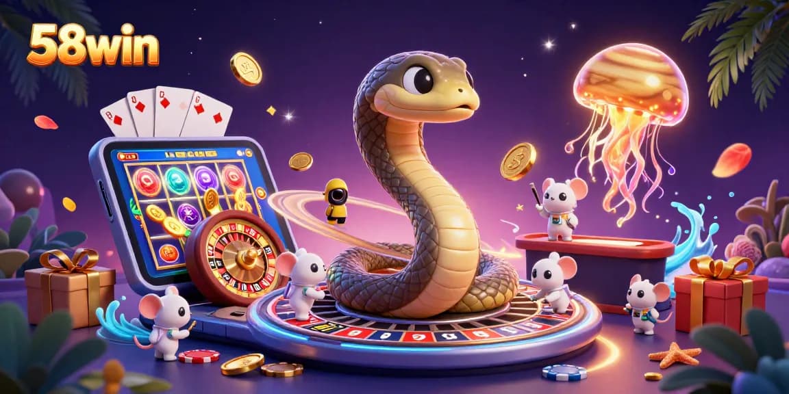 Betting on 58win with a vibrant scene of characters enjoying various casino games.