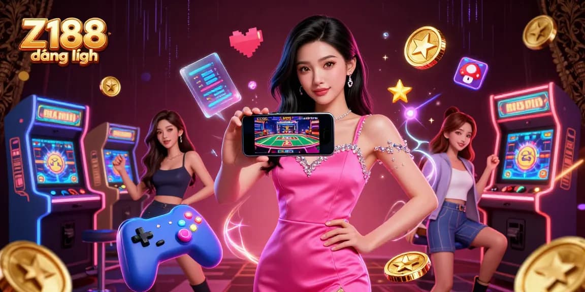 Z188 đăng nhập with a stylish Asian woman in a hot pink dress, engaged in a live dealer casino game.