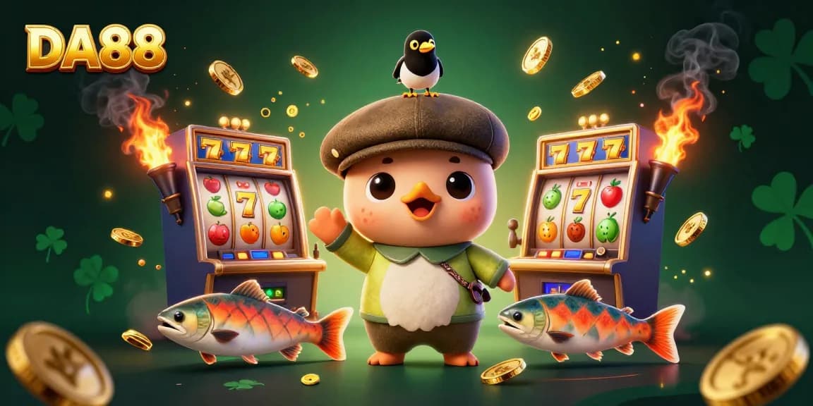 DA88 slot machines showcase playful Nessie and friends in vibrant casino scene with gold coins.