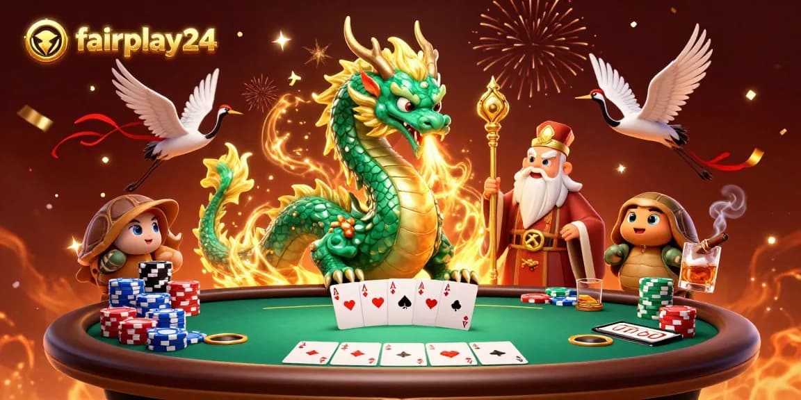 Engage with fairplay24 by joining a vibrant scene of a jade dragon and poker sage surrounded by casino elements.