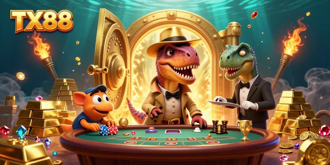 TX88 velociraptor card counter at a blackjack table surrounded by treasures in a vibrant casino setting.