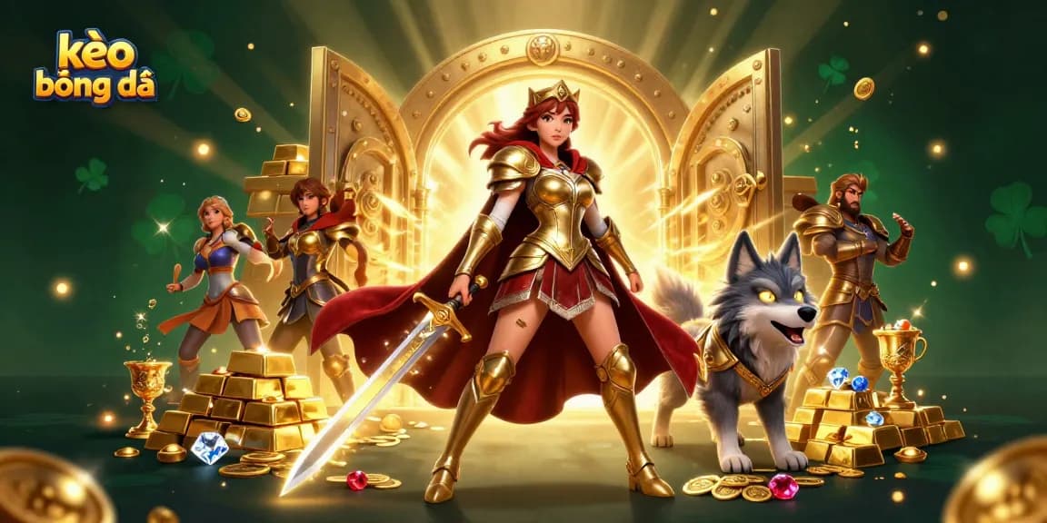 Engage in kèo bóng đá adventures with a warrior queen and her glowing-eyed wolf companion amidst treasure.
