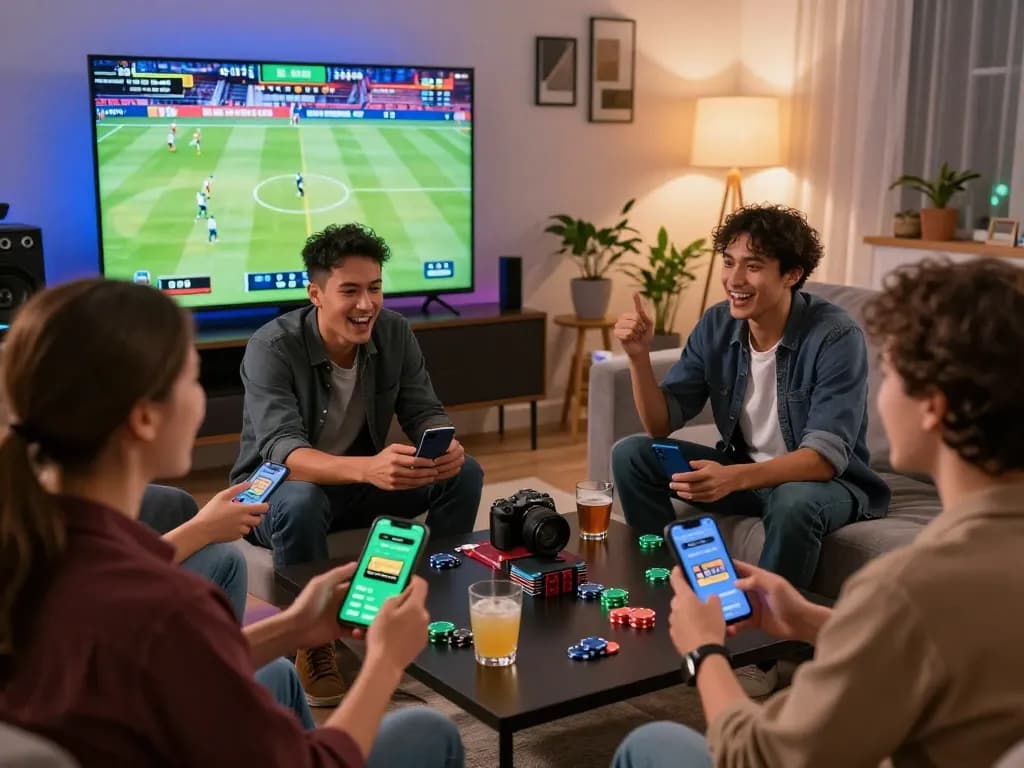 Exciting scene of friends enjoying link vào onbet in a vibrant living room social setting, engaging in sports betting together.