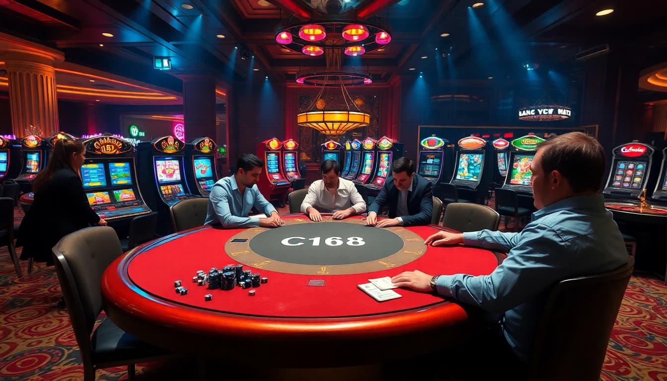 C168 poker game scene showcasing intense players and luxury casino elements.