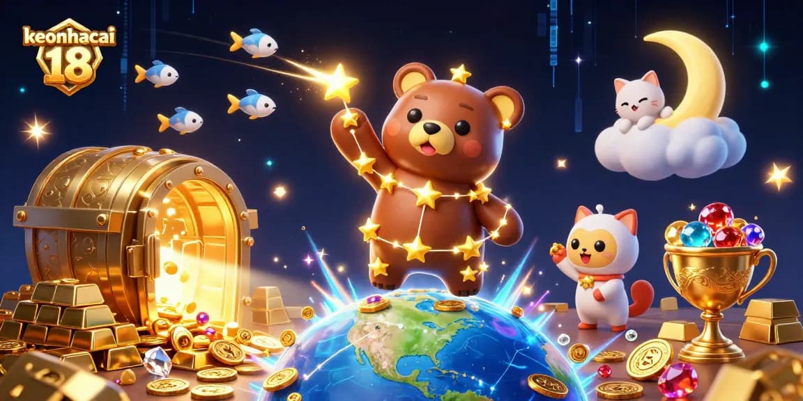 Experience thrill with keonhacai 18 as the constellation bear scoops coins amidst treasure lights.