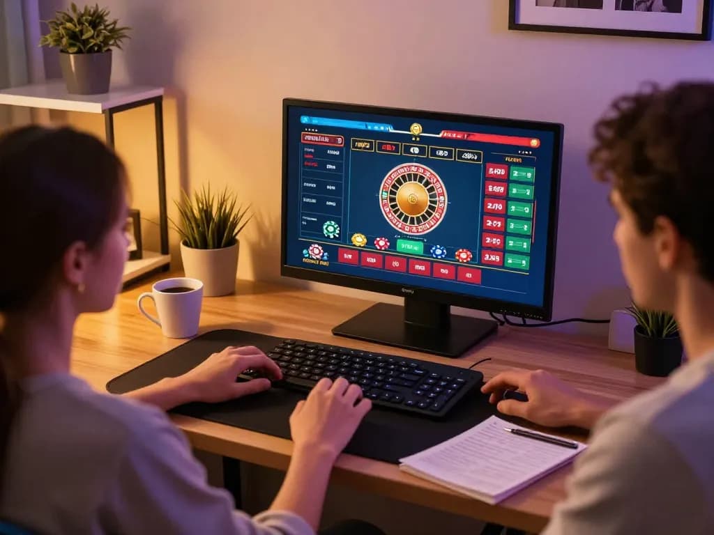 Person playing roulette online at home using CasinoAtlas for strategic insights.
