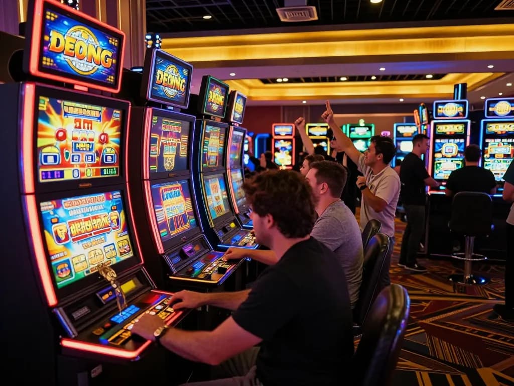 Pemain yang terlibat menang di mesin slot APK Ulat123 dalam suasana lantai kasino yang hidup