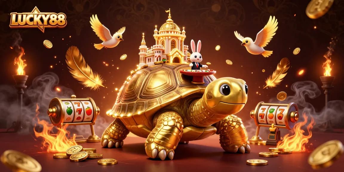 Experience LUCKY88 thrills with a golden tortoise casino scene showcasing exciting slot reels.
