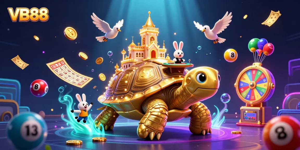 Experience thrilling wins with VB88 as colorful lottery balls and golden coins come alive in a vibrant casino scene.