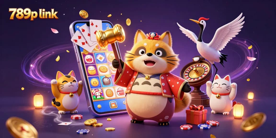 Experience the thrilling 789p link with a cheerful tanuki and vibrant casino elements in a colorful 3D illustration.