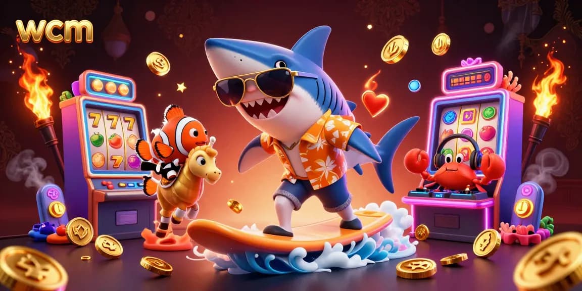 Engage with wcm's vibrant casino world as characters play exciting slot games amid gold coins.