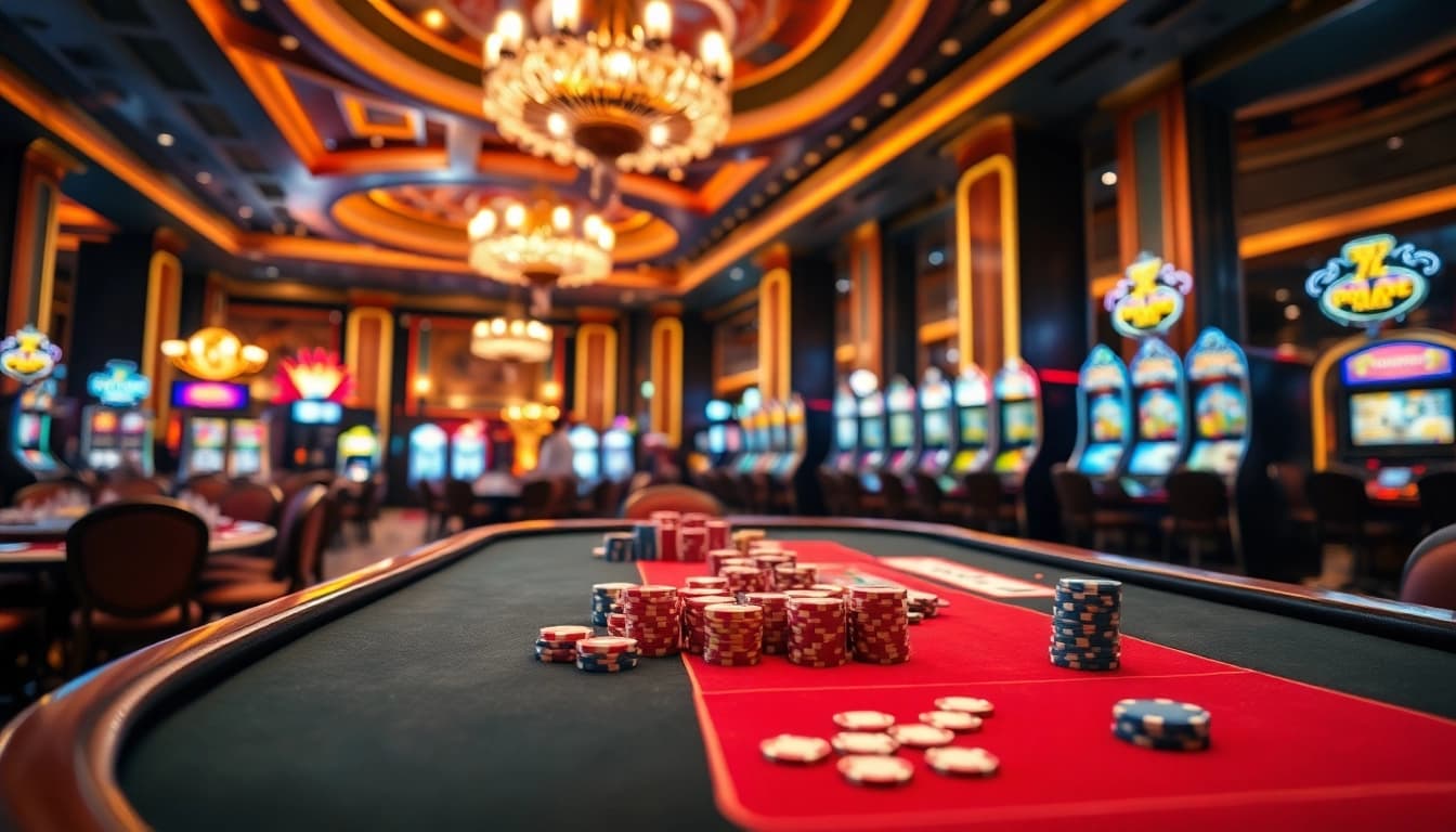 Mahongtoto meja perjudian yang menarik dengan chip berwarna-warni dan suasana megah.