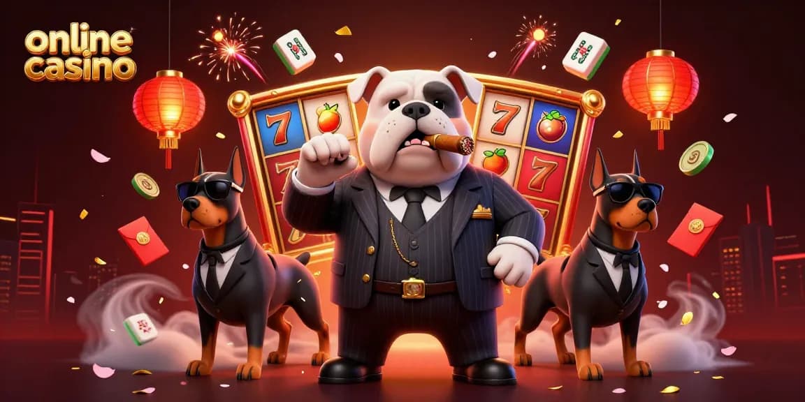 Experience thrilling gameplay at an online casino featuring a mafia bulldog in a vibrant, action-filled scene.
